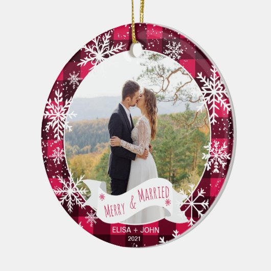 初めてのクリスマス結婚したプレイド2枚の写真 セラミックオーナメント (左)