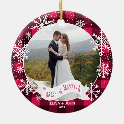 初めてのクリスマス結婚したプレイド2枚の写真 セラミックオーナメント (裏面)