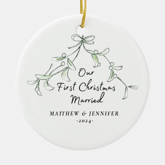 初めてのクリスマス結婚したミスタントー写真オーナメント セラミックオーナメント (正面)