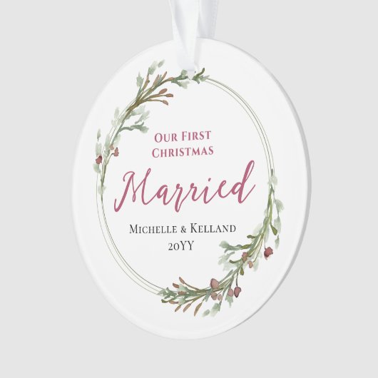 初めてのクリスマス結婚したミニマルリース写真 オーナメント (正面)