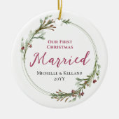 初めてのクリスマス結婚したミニマルリース写真 セラミックオーナメント (正面)