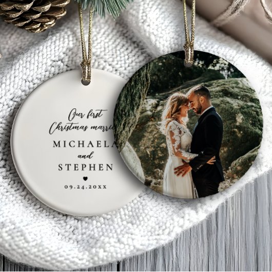 初めてのクリスマス結婚したモダンミニマル写真 セラミックオーナメント