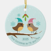 初めてのクリスマス結婚したラブバード写真 セラミックオーナメント (正面)