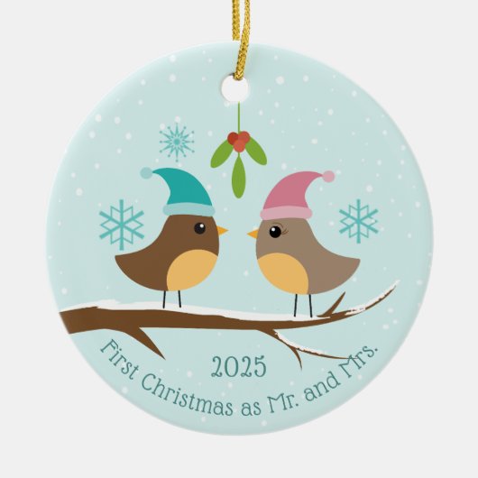 初めてのクリスマス結婚したラブバード写真 セラミックオーナメント (正面)