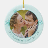 初めてのクリスマス結婚したラブバード写真 セラミックオーナメント (裏面)
