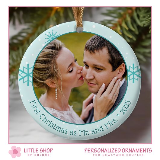 初めてのクリスマス結婚したラブバード写真 セラミックオーナメント