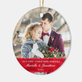 初めてのクリスマス結婚したレッドストライプカスタム写真 セラミックオーナメント (左)
