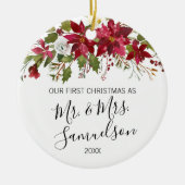 初めてのクリスマス結婚したレッドポインセチア水彩色 セラミックオーナメント (正面)