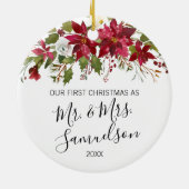 初めてのクリスマス結婚したレッドポインセチア水彩色 セラミックオーナメント (裏面)