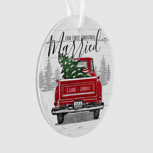 初めてのクリスマス結婚したヴィンテージレッドトラック写真 オーナメント (正面)