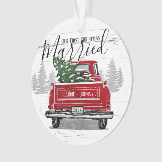 初めてのクリスマス結婚したヴィンテージレッドトラック写真 オーナメント (正面)