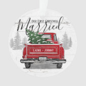 初めてのクリスマス結婚したヴィンテージレッドトラック写真 オーナメント (正面)