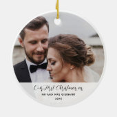 初めてのクリスマス結婚した写真エレガントKeepsake セラミックオーナメント (裏面)