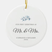 初めてのクリスマス結婚した植物氷ブルーエレガント セラミックオーナメント (正面)