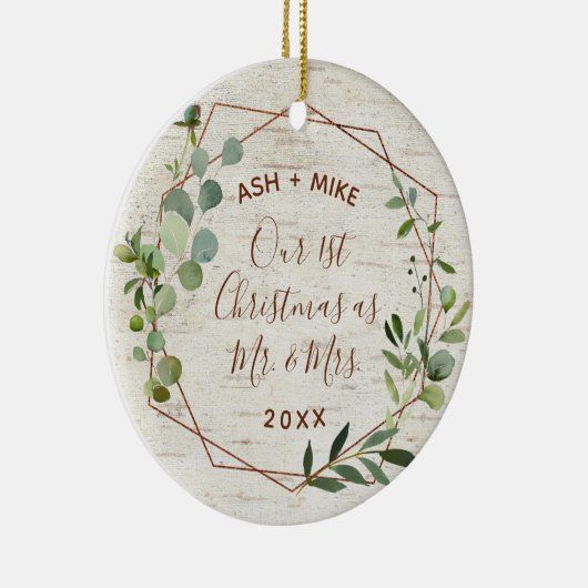 初めてのクリスマス結婚した樺の木ユーカリ写真 セラミックオーナメント (右)