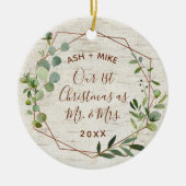 初めてのクリスマス結婚した樺の木ユーカリ写真 セラミックオーナメント (正面)