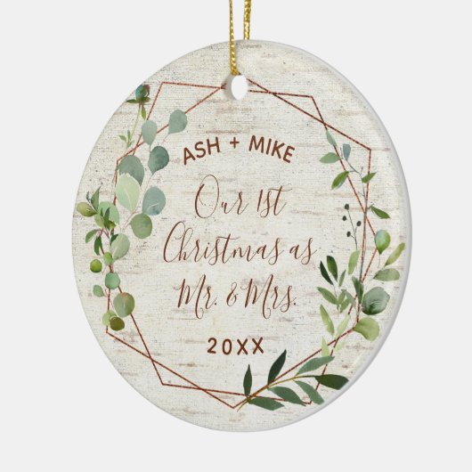 初めてのクリスマス結婚した樺の木ユーカリ写真 セラミックオーナメント (左)