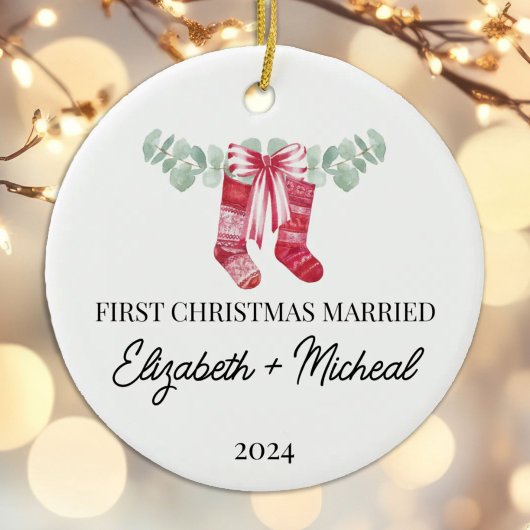 初めてのクリスマス結婚した水彩ストッキング セラミックオーナメント
