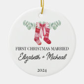 初めてのクリスマス結婚した水彩ストッキング セラミックオーナメント (正面)