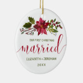 初めてのクリスマス結婚した水彩ポインセチア セラミックオーナメント (右)