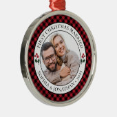 初めてのクリスマス結婚した素朴赤チェック写真 メタルオーナメント (右)