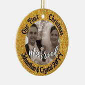 初めてのクリスマス結婚した赤パーソナライズされたグリッター セラミックオーナメント (右)