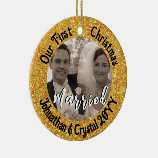 初めてのクリスマス結婚した赤パーソナライズされたグリッター セラミックオーナメント (右)