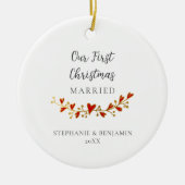 初めてのクリスマス結婚した金ゴールド赤いハート写真 セラミックオーナメント (正面)