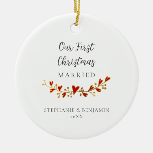 初めてのクリスマス結婚した金ゴールド赤いハート写真 セラミックオーナメント (正面)