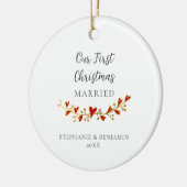 初めてのクリスマス結婚した金ゴールド赤いハート写真 セラミックオーナメント (左)