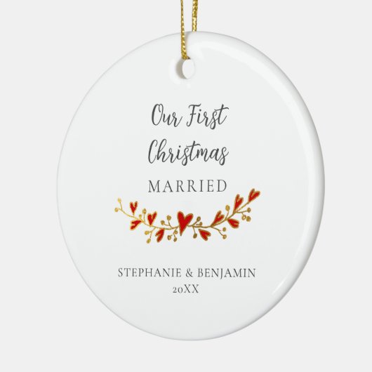 初めてのクリスマス結婚した金ゴールド赤いハート写真 セラミックオーナメント (左)