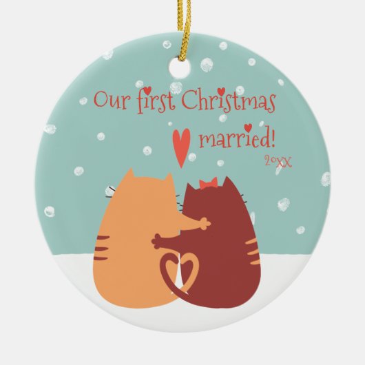 初めてのクリスマス結婚した- 2匹のかわいい猫 セラミックオーナメント (正面)