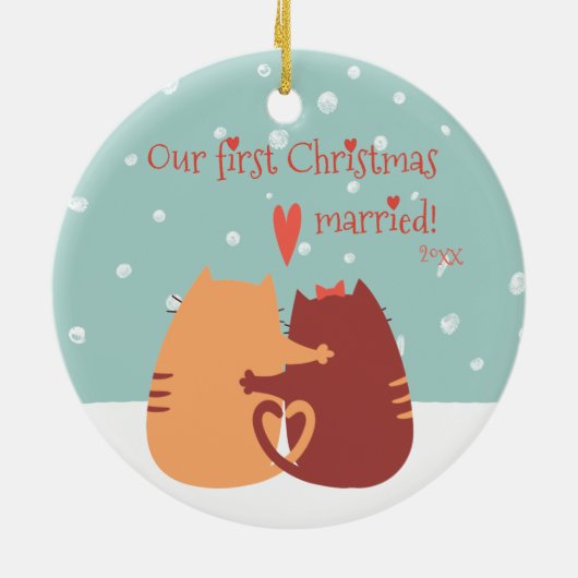 初めてのクリスマス結婚した- 2匹のかわいい猫 セラミックオーナメント (裏面)