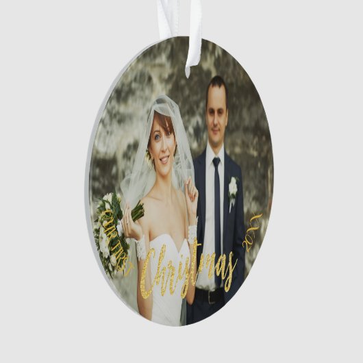 初めてのクリスマス結婚のフォト金ゴールドスクリプト オーナメント (正面)
