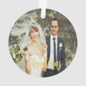 初めてのクリスマス結婚のフォト金ゴールドスクリプト オーナメント (裏面)