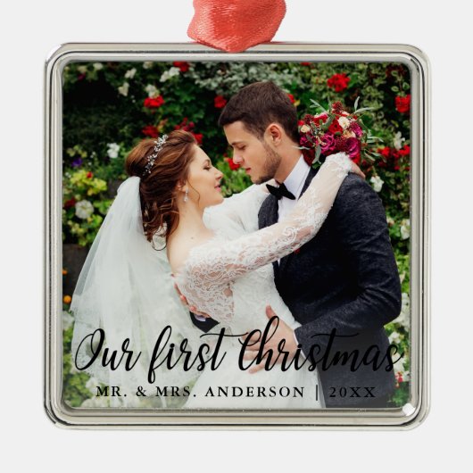 初めてのクリスマス結婚ズフォトスクエア メタルオーナメント (正面)