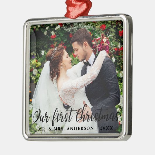 初めてのクリスマス結婚ズフォトスクエア メタルオーナメント (左)