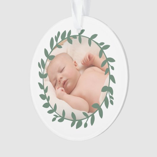 初めてのクリスマス緑葉縁どベビー写真 オーナメント (正面)