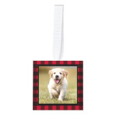 初めてのクリスマス赤いバッファロープレイドパピードッグ写真 キューブオーナメント (正面)