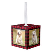 初めてのクリスマス赤いバッファロープレイドパピードッグ写真 キューブオーナメント (裏面アングル)