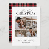 初めてのクリスマス赤い格子模様の写真のコラージュモダン サンキューカード (正面/裏面)