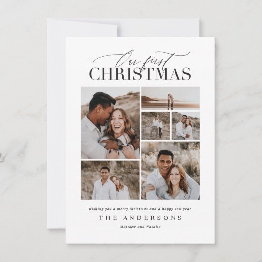 初めてのクリスマス赤い格子模様の写真のコラージュモダン サンキューカード (正面)