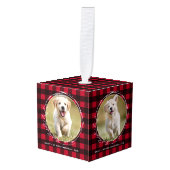 初めてのクリスマス赤い格子模様の子犬4ペットの写真 キューブオーナメント (正面アングル)