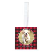 初めてのクリスマス赤い格子模様の子犬4ペットの写真 キューブオーナメント (正面)