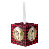 初めてのクリスマス赤い格子模様の子犬4ペットの写真 キューブオーナメント (裏面アングル)