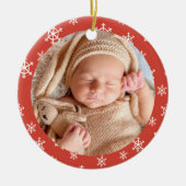 初めてのクリスマス赤と白の雪片の写真 セラミックオーナメント (正面)