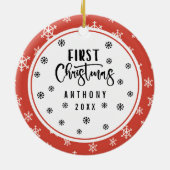 初めてのクリスマス赤と白の雪片の写真 セラミックオーナメント (裏面)