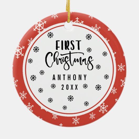 初めてのクリスマス赤と白の雪片の写真 セラミックオーナメント (裏面)