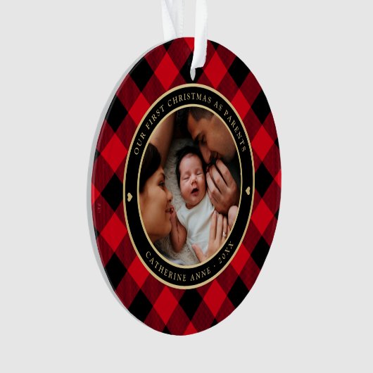 初めてのクリスマス赤素朴格子写真 オーナメント (正面)