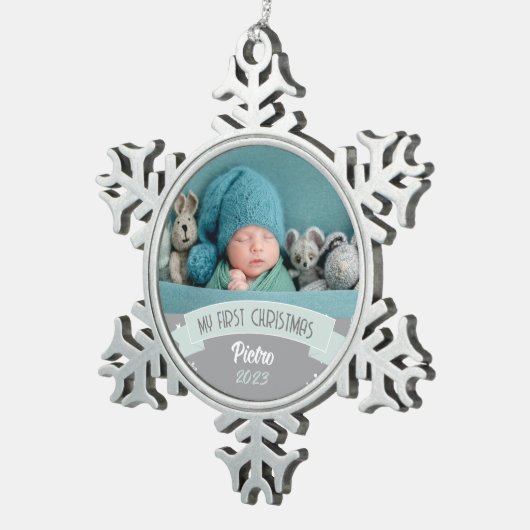初めてのクリスマス赤面グリーン男の赤ちゃん写真 スノーフレークピューターオーナメント (右)